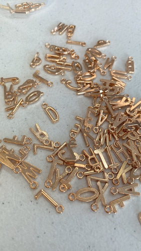 Soft gold metal letter bead charms, 1/2” plus loop