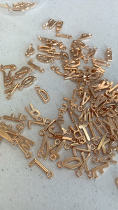Soft gold metal letter bead charms, 1/2” plus loop