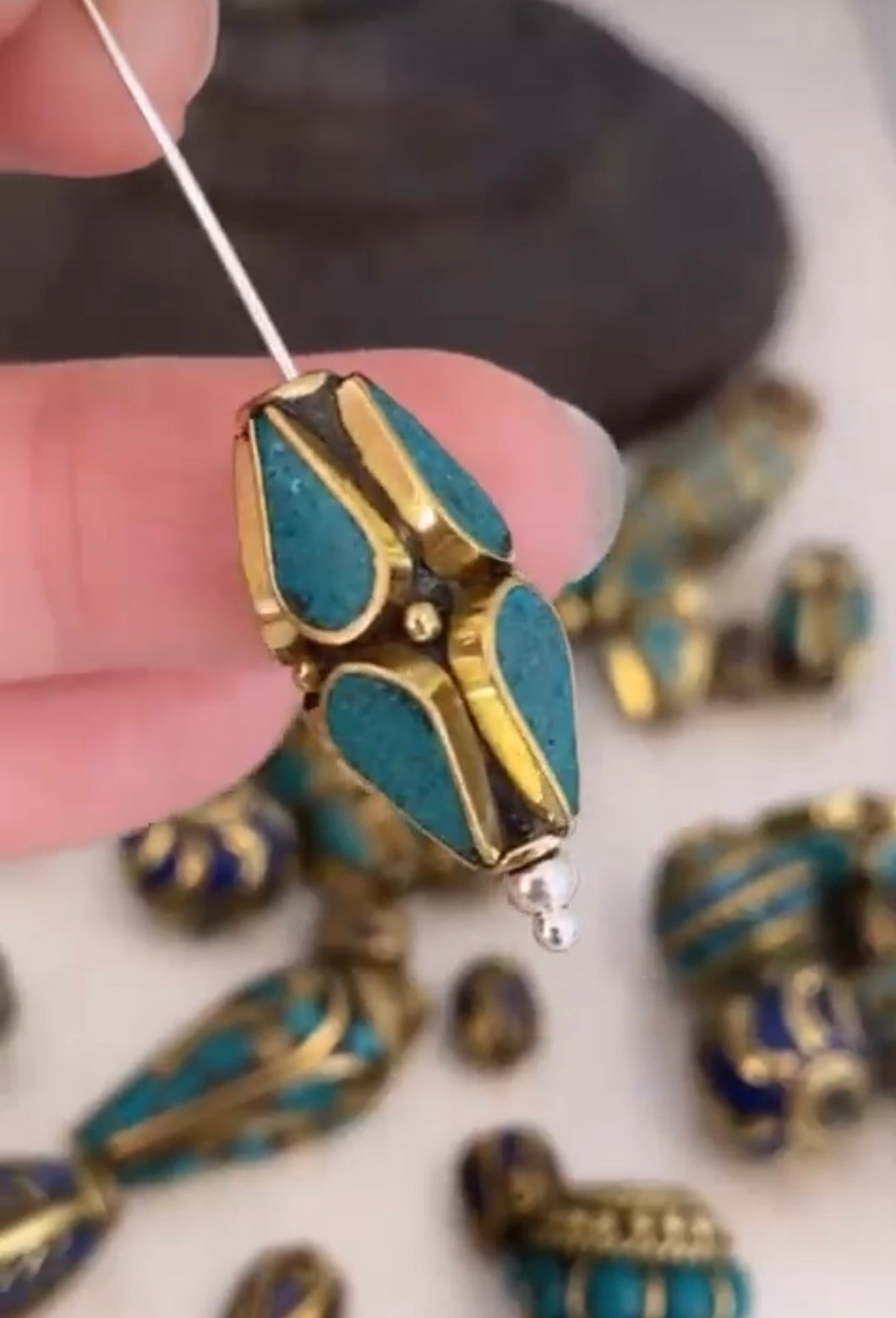Tibetan turquoise & brass bead
