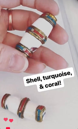 Tibetan shell, turquoise, coral & brass bead