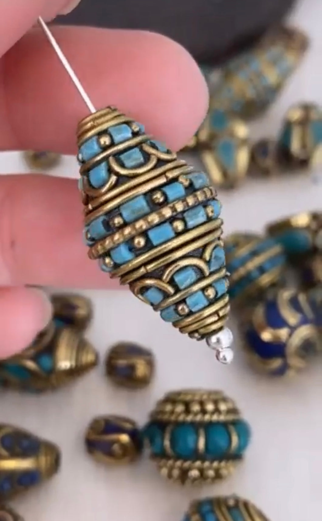 Handmade Tibetan Bead - Turquoise, Red Stone and Brass Rounded Rectang –  Craft de Ville