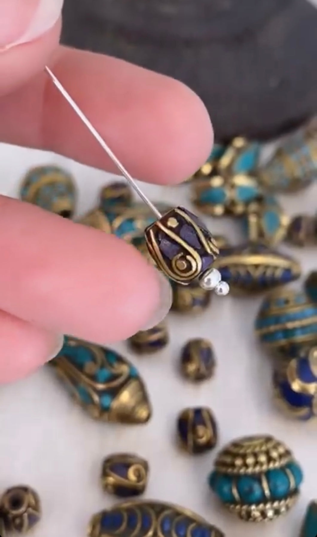 Tibetan jasper, lapis & brass bead