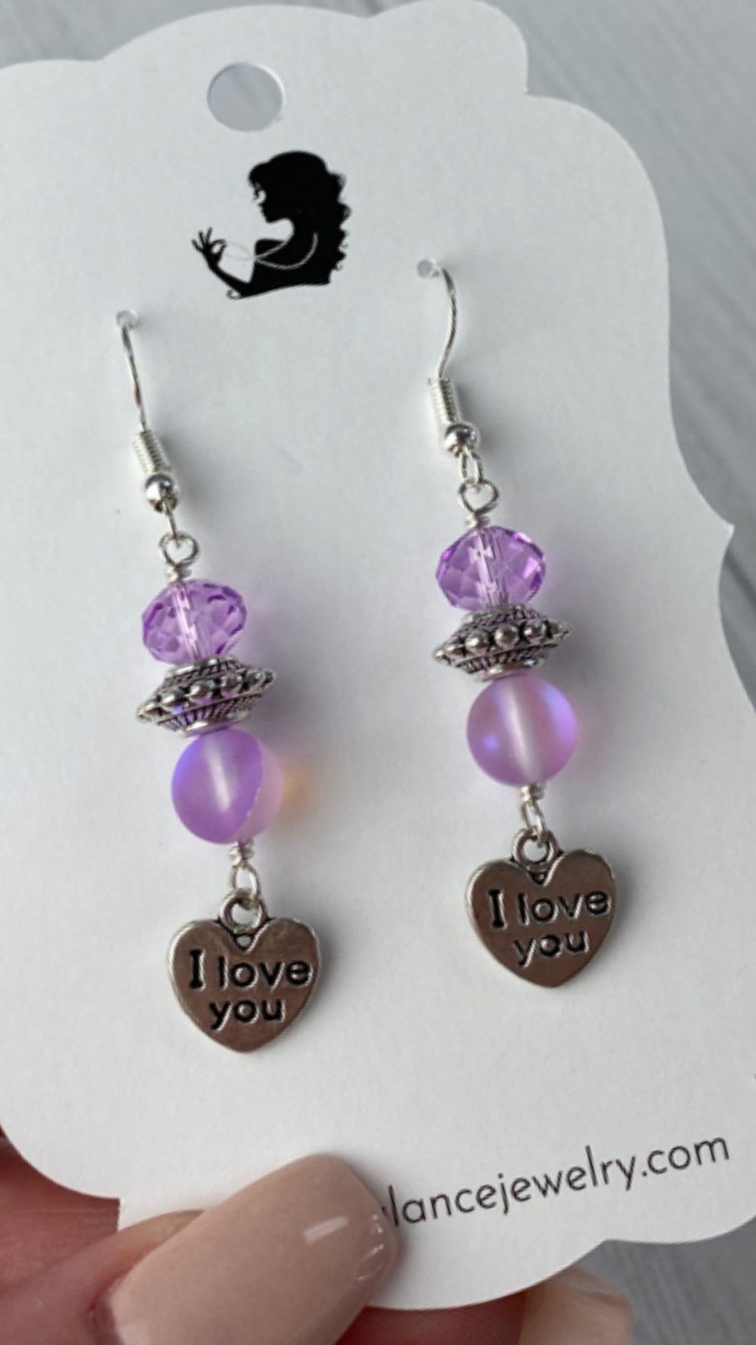 Purple 'I love you' heart earrings