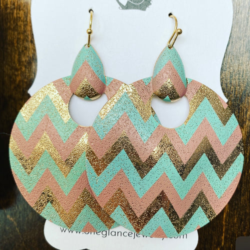 Chevron style earrings - mint, pink, & gold with shimmer accent