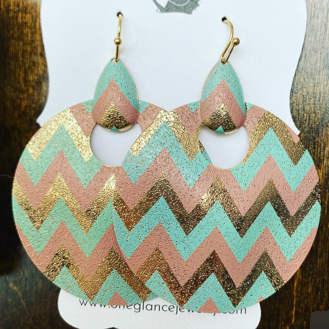 Chevron style earrings - mint, pink, & gold with shimmer accent