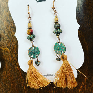 Boho tassel earrings, camel & turquoise