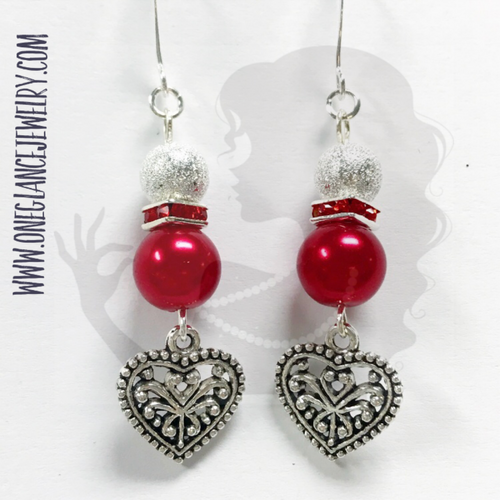 Red pearl with heart dangle earring