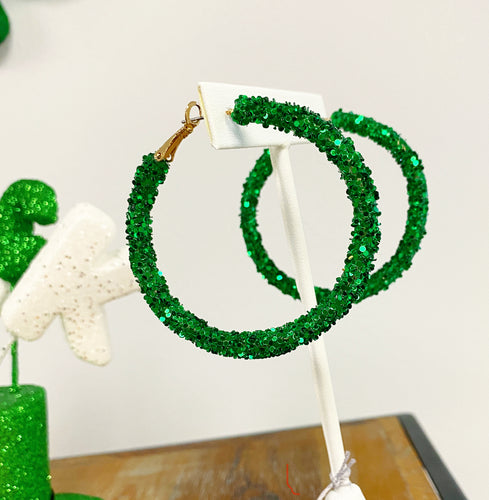 Glitter bling hoop earrings, GREEN