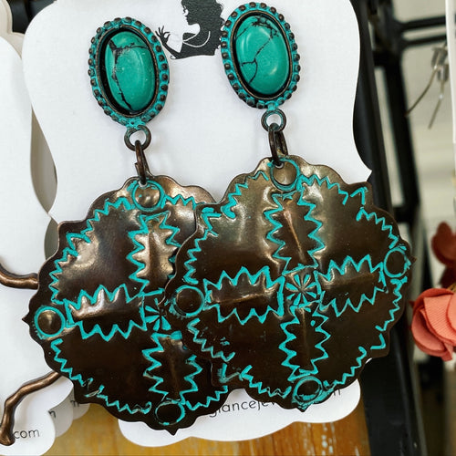 Antique copper & green turquoise earrings