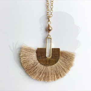 Tassel necklace with cork decorative center, TAN