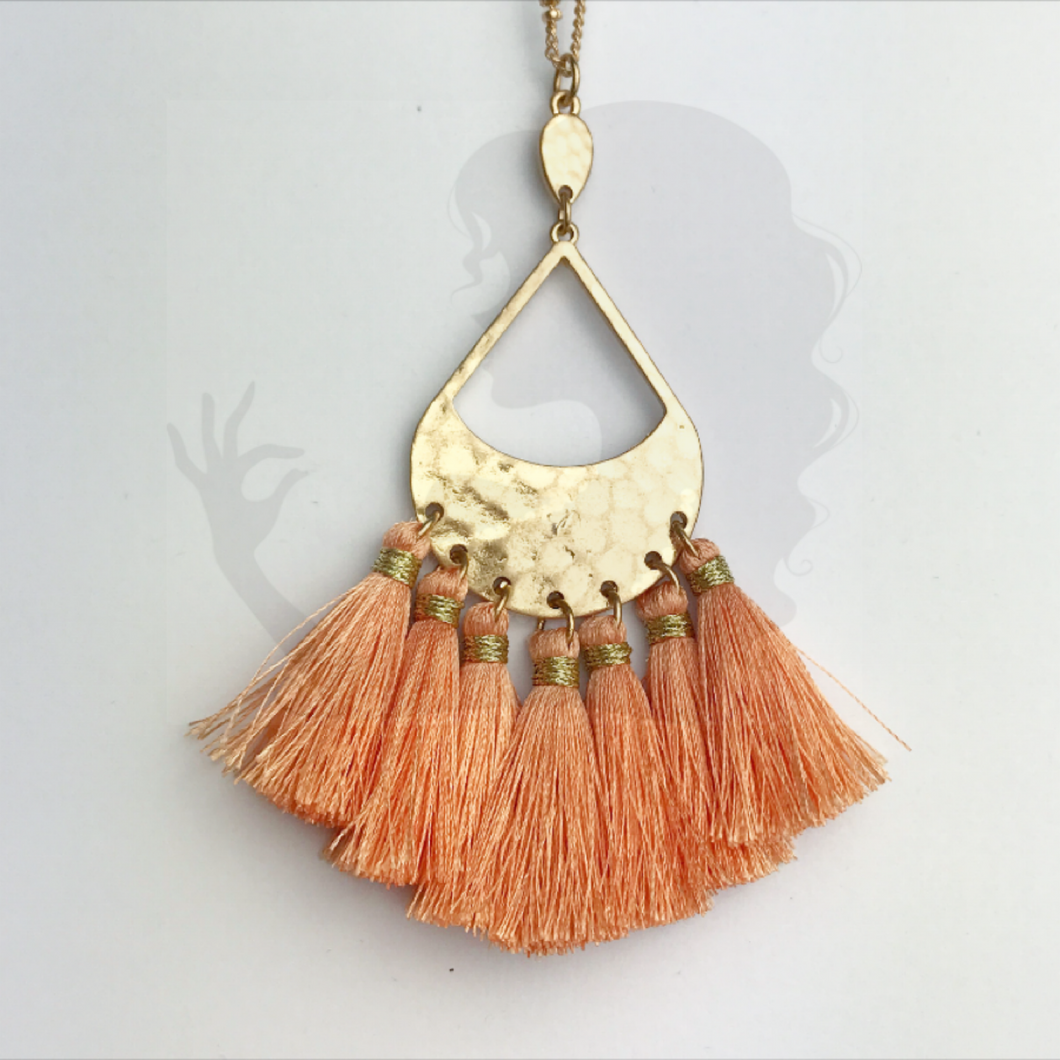 Multi-tassel necklace with hammered centerpiece, MELON