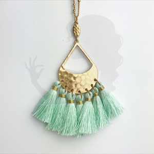 Multi-tassel necklace with hammered centerpiece, MINT