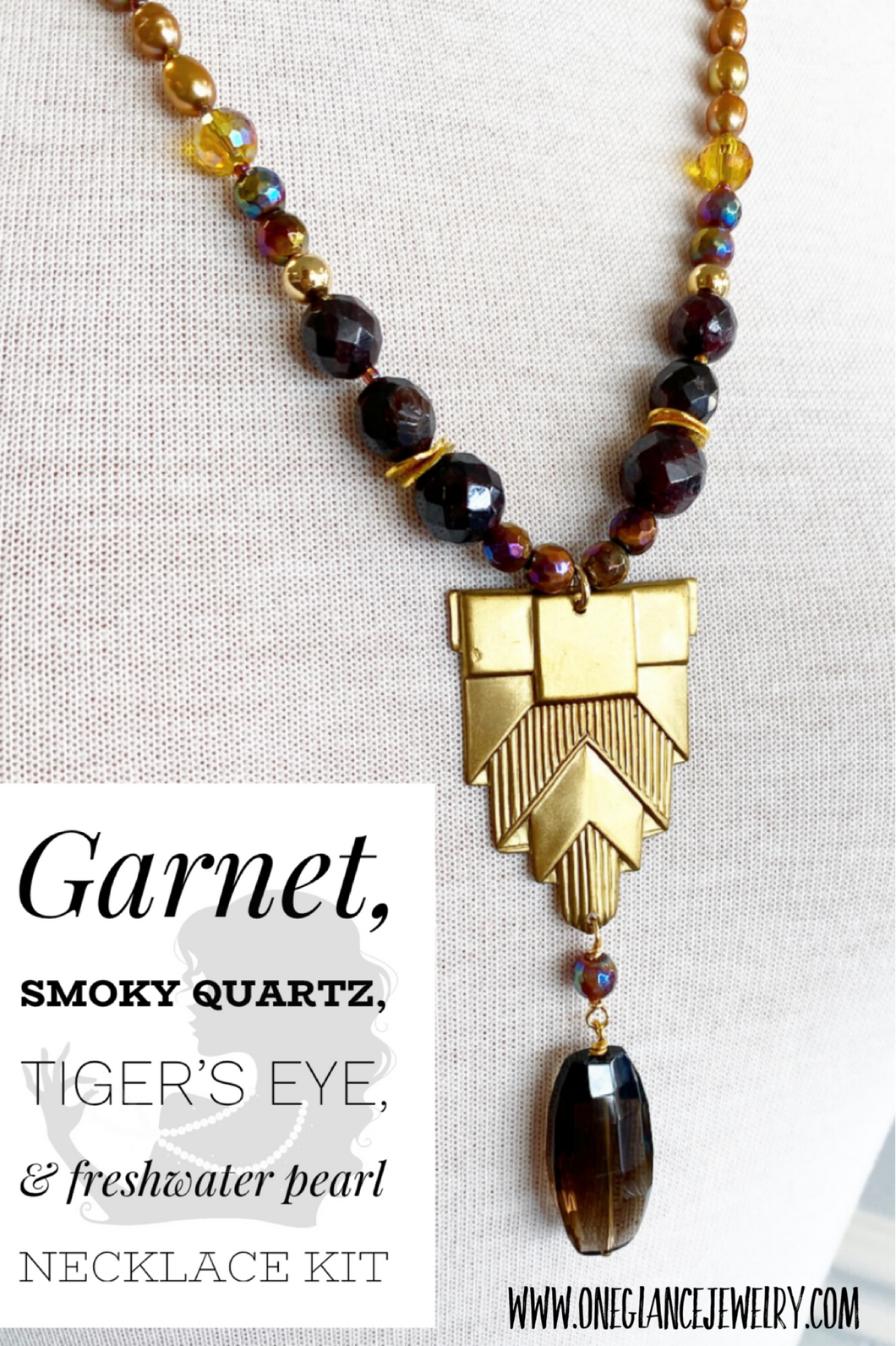Garnet, Smoky quartz, tiger's eye, & freshwater pearl necklace, kit or finished